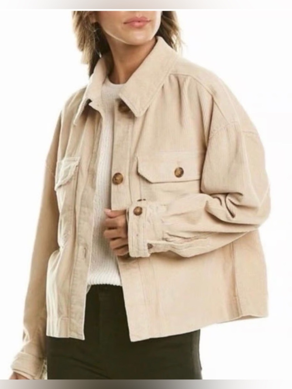 7 For All Mankind Tan Beige Button Down Cropped Corduroy Jacket. Sz L